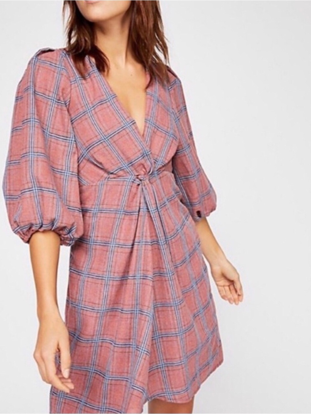 Free People X-Small Miss Molly Mini Dress Mauve Blue Plaid Boho Western Plaid